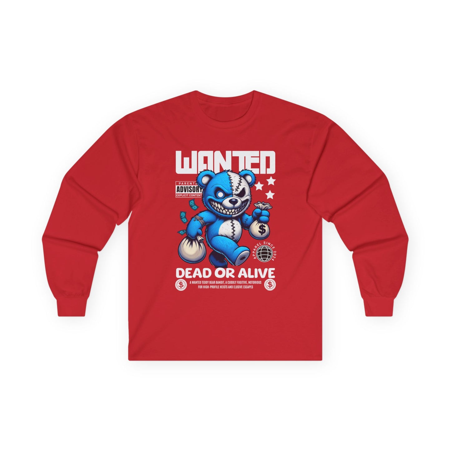 Wanted Bear Long Sleeve Tee | Cute Cartoon Graphic | Perfect for Gifting | Trendy Streetwear | Casual Wear | Fun Gift