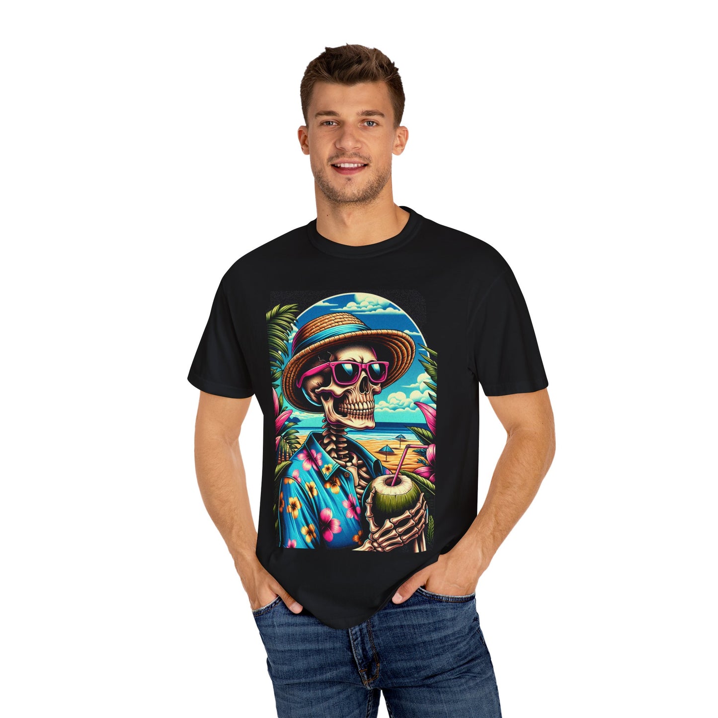 Vibrant Tropical Skeleton T-Shirt | Beach Vibe Apparel, Summer Fashion, Vacation Tee, Unique Graphic Tee, Funny Gift Idea