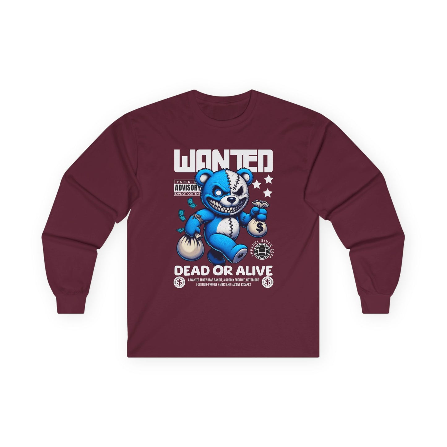 Wanted Bear Long Sleeve Tee | Cute Cartoon Graphic | Perfect for Gifting | Trendy Streetwear | Casual Wear | Fun Gift