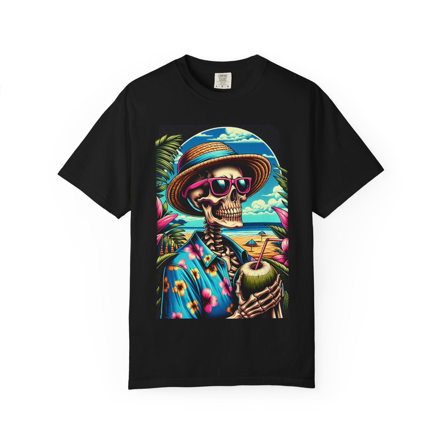 Vibrant Tropical Skeleton T-Shirt | Beach Vibe Apparel, Summer Fashion, Vacation Tee, Unique Graphic Tee, Funny Gift Idea