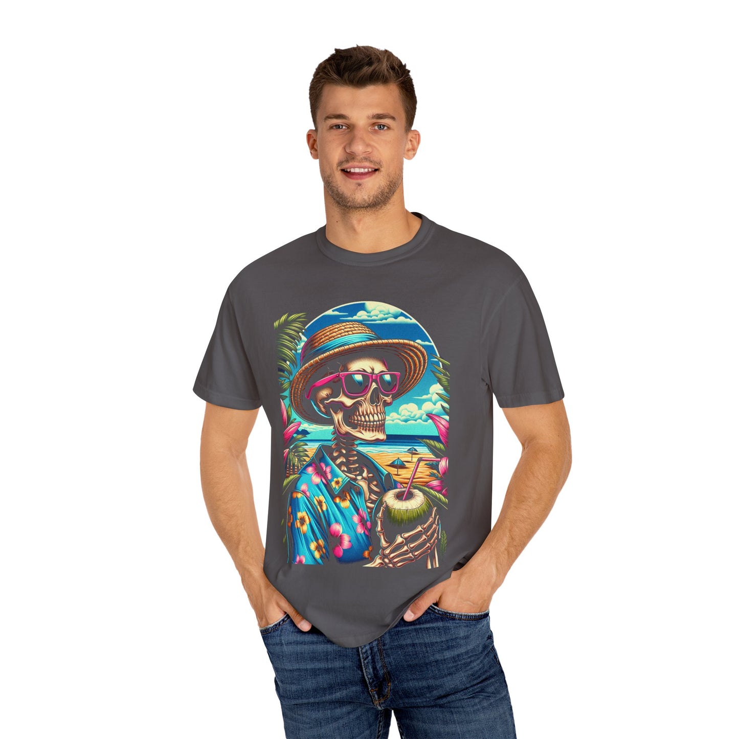 Vibrant Tropical Skeleton T-Shirt | Beach Vibe Apparel, Summer Fashion, Vacation Tee, Unique Graphic Tee, Funny Gift Idea