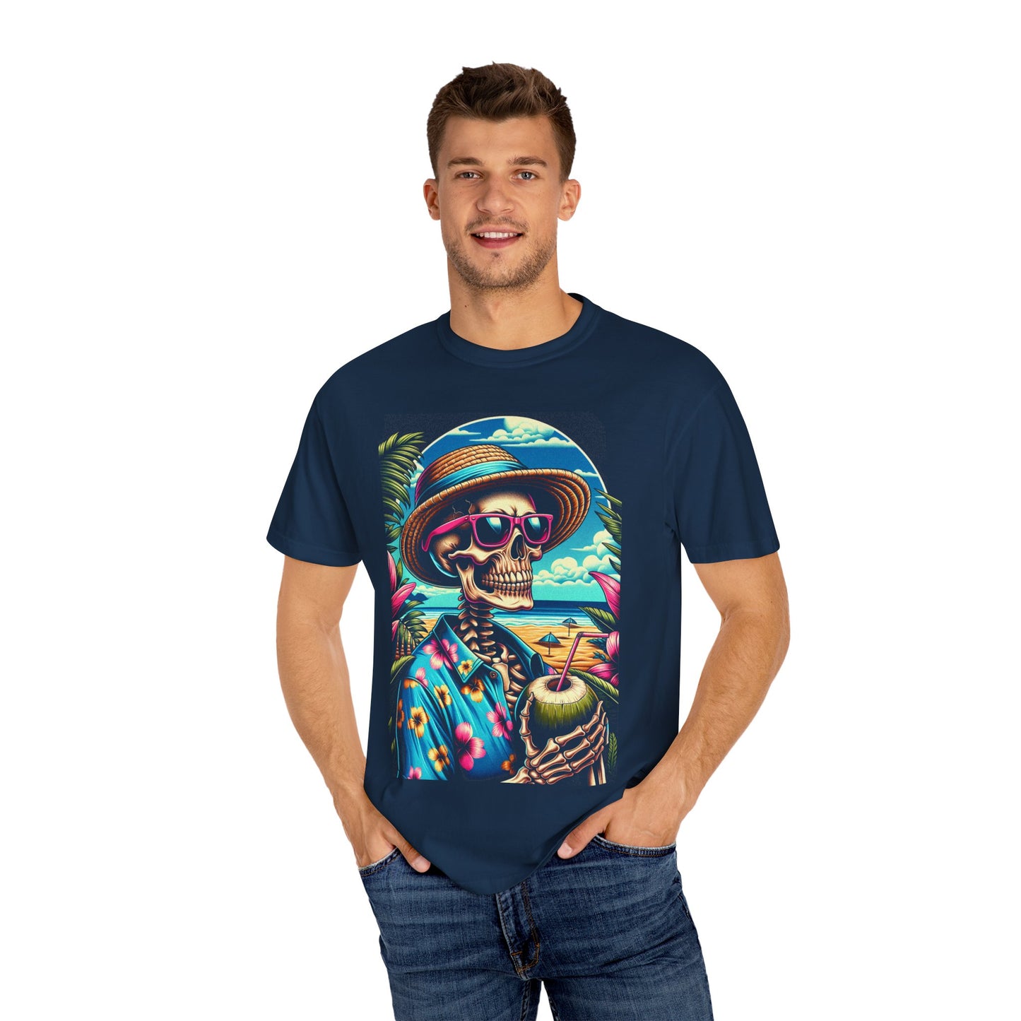 Vibrant Tropical Skeleton T-Shirt | Beach Vibe Apparel, Summer Fashion, Vacation Tee, Unique Graphic Tee, Funny Gift Idea