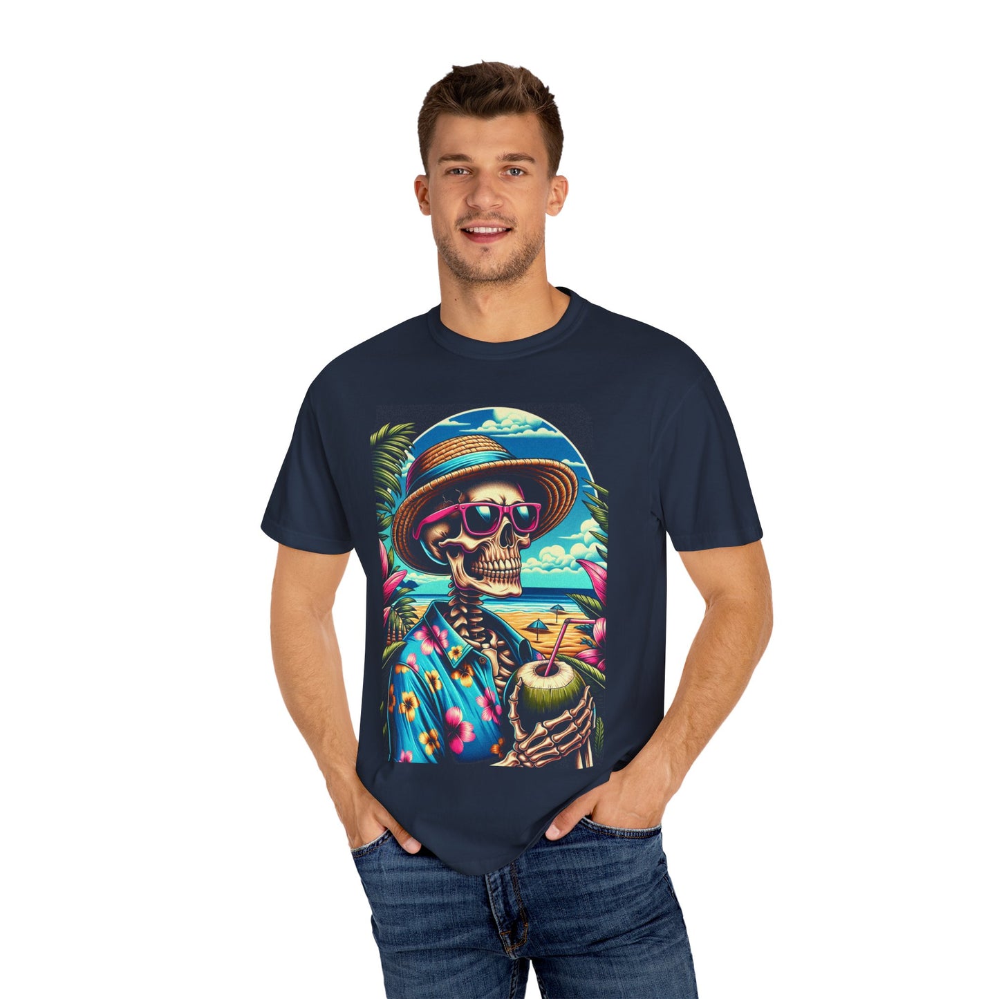 Vibrant Tropical Skeleton T-Shirt | Beach Vibe Apparel, Summer Fashion, Vacation Tee, Unique Graphic Tee, Funny Gift Idea