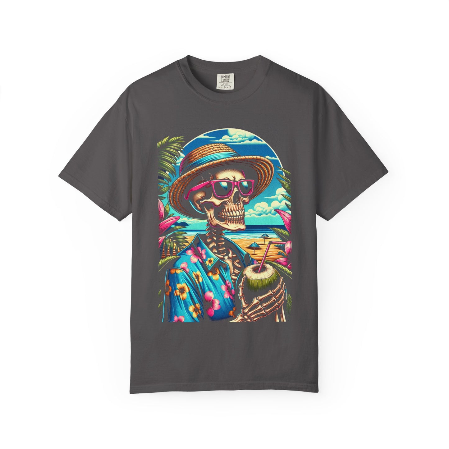Vibrant Tropical Skeleton T-Shirt | Beach Vibe Apparel, Summer Fashion, Vacation Tee, Unique Graphic Tee, Funny Gift Idea