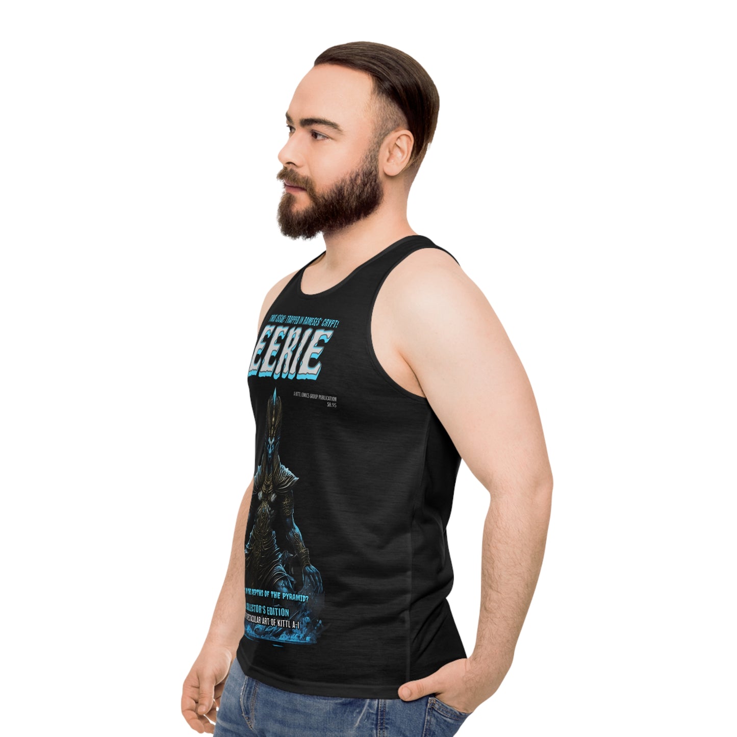 Eerie Graphic Tank Top, Unisex AOP Workout Shirt, Ghostly Summer Apparel, Halloween Costume, Unique Gift for Spooky Lovers