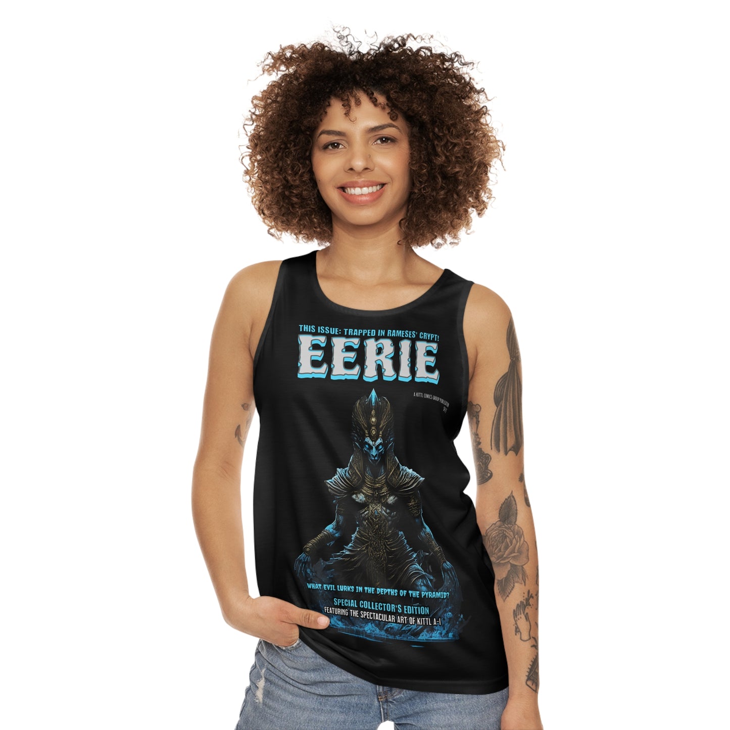 Eerie Graphic Tank Top, Unisex AOP Workout Shirt, Ghostly Summer Apparel, Halloween Costume, Unique Gift for Spooky Lovers