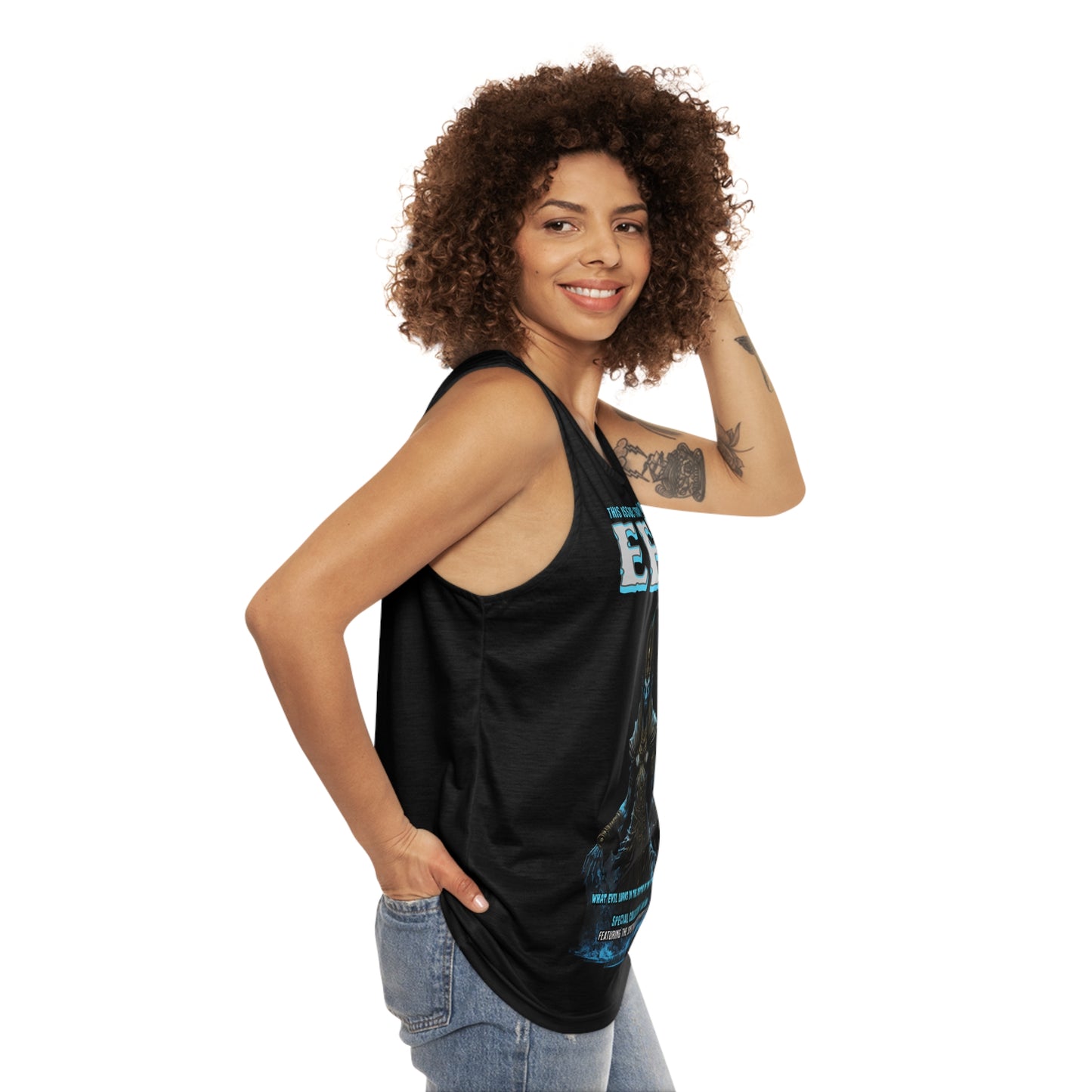 Eerie Graphic Tank Top, Unisex AOP Workout Shirt, Ghostly Summer Apparel, Halloween Costume, Unique Gift for Spooky Lovers