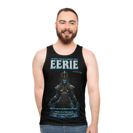 Eerie Graphic Tank Top, Unisex AOP Workout Shirt, Ghostly Summer Apparel, Halloween Costume, Unique Gift for Spooky Lovers