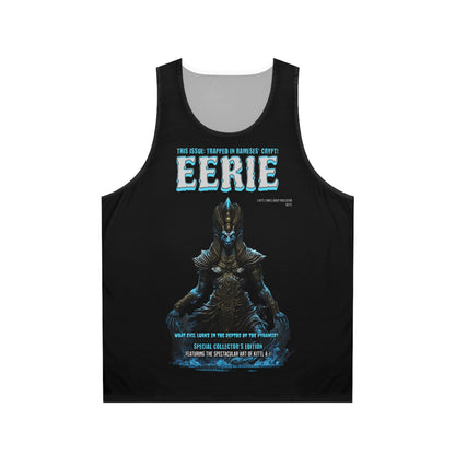 Eerie Graphic Tank Top, Unisex AOP Workout Shirt, Ghostly Summer Apparel, Halloween Costume, Unique Gift for Spooky Lovers