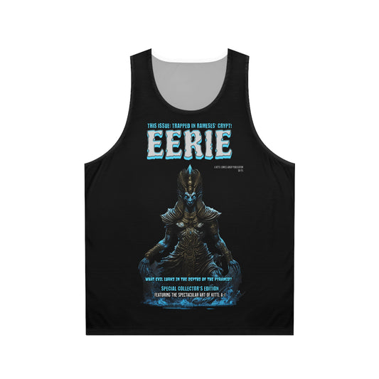 Eerie Graphic Tank Top, Unisex AOP Workout Shirt, Ghostly Summer Apparel, Halloween Costume, Unique Gift for Spooky Lovers
