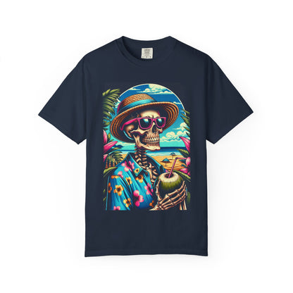 Vibrant Tropical Skeleton T-Shirt | Beach Vibe Apparel, Summer Fashion, Vacation Tee, Unique Graphic Tee, Funny Gift Idea